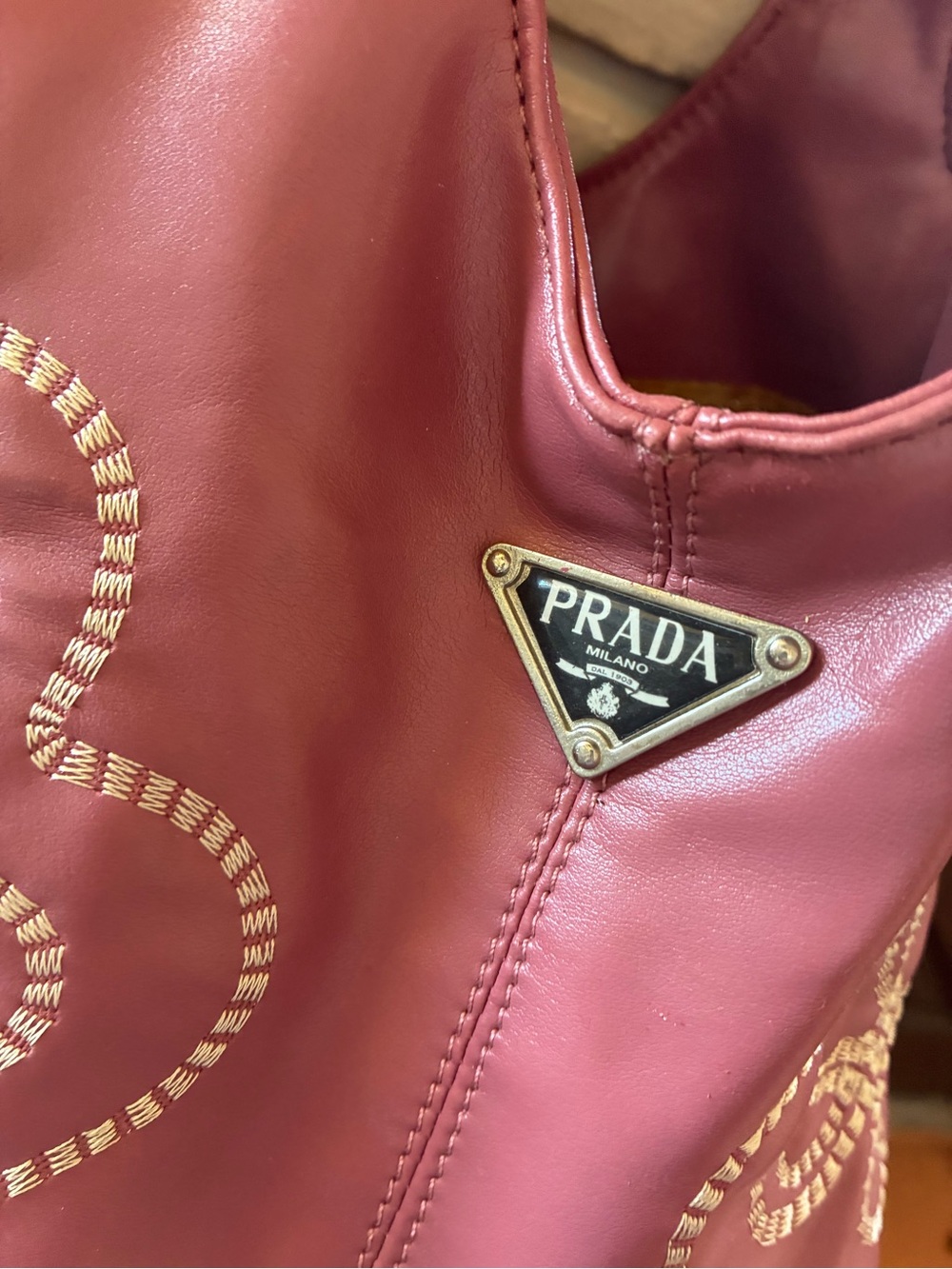 Prada Pink Leather Shoulder Bag with Gold-Tone Triangle Logo